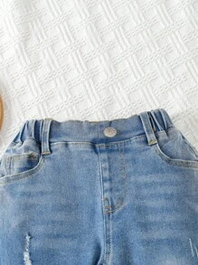 Pantalones de mezclilla de pierna recta rasgados sólidos para bebé niño - Lavado ligero - Ver 6