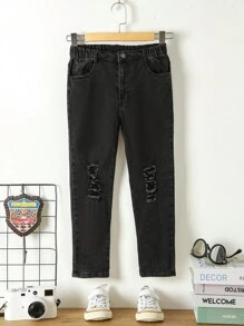 男大童破洞抽鬚直筒牛仔褲 - 黑色 - 查看 1