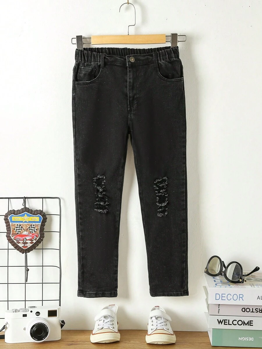 男大童破洞抽鬚直筒牛仔褲 - 黑色 - 查看 1