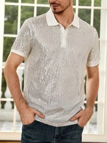 Manfinity Men Contrast Collar Sequin Polo Shirt - White - View 1