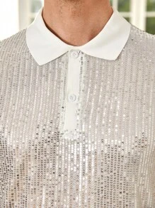 Manfinity Men Contrast Collar Sequin Polo Shirt - White - View 4