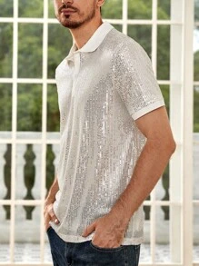 Manfinity Men Contrast Collar Sequin Polo Shirt - White - View 5