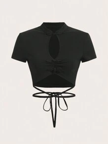 SHEIN ICON Cut Out Front Ruched Bust Crisscross Tie Back Crop Tee - Black - View 1