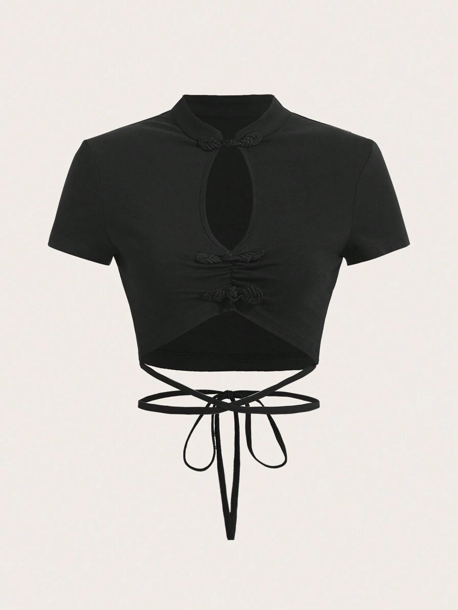 SHEIN ICON Cut Out Front Ruched Bust Crisscross Tie Back Crop Tee - Black - View 1