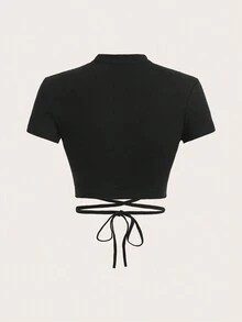 SHEIN ICON Cut Out Front Ruched Bust Crisscross Tie Back Crop Tee - Black - View 2
