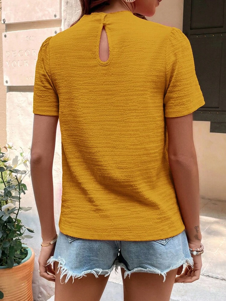Solid Mock Neck Blouse,Short Sleeve Tops
