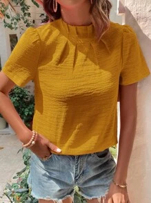 SHEIN Clasi 纯色立领衬衫，短袖上衣 - 芥末黃 - 查看 3