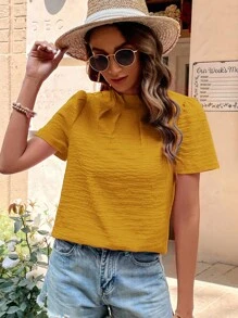 SHEIN Clasi 纯色立领衬衫，短袖上衣 - 芥末黃 - 查看 4