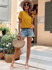 SHEIN Clasi 纯色立领衬衫，短袖上衣 - 芥末黃 - 查看 5