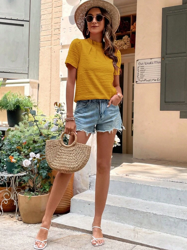 Solid Mock Neck Blouse,Short Sleeve Tops