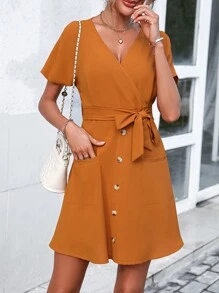 SHEIN Clasi 交疊領繫腰帶連衣裙 - 棕色 - 查看 1