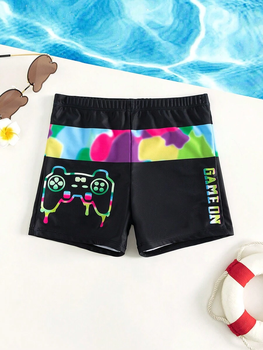 Tween Boy Gamepad & Letter Graphic Swim Shorts - Black - View 1