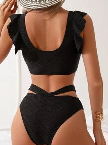 SHEIN Swim Bộ Bikini Nữ Cắt ra Xù màu trơn - màu đen - Xem 2