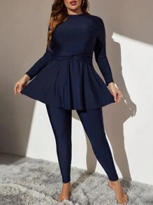SHEIN Swim Curve 大碼素色高領前扭結全罩式比基尼泳裝 - 藏蓝色 - 查看 1