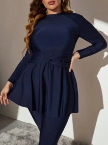SHEIN Swim Curve 大碼素色高領前扭結全罩式比基尼泳裝 - 藏蓝色 - 查看 3