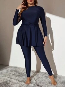 SHEIN Swim Curve 大碼素色高領前扭結全罩式比基尼泳裝 - 藏蓝色 - 查看 5