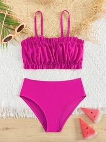 Tween Girl Ruched Bust Frill Trim Bikini Set Summer Beach - Hot Pink - View 1