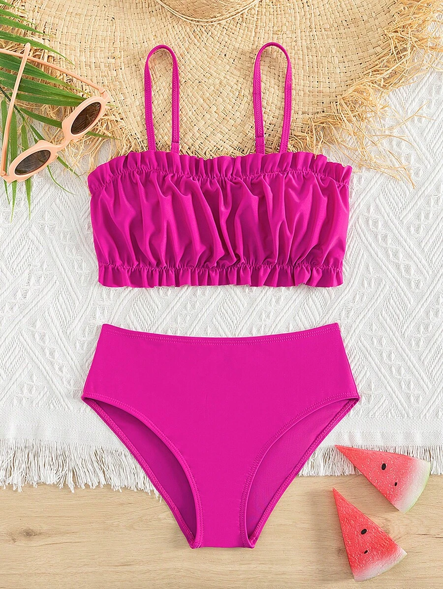 Tween Girl Ruched Bust Frill Trim Bikini Set Summer Beach - Hot Pink - View 1