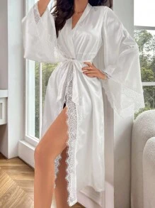 Bata con encaje en contraste con cinturón de satén - Blanco - Ver 1