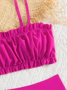 Tween Girl Ruched Bust Frill Trim Bikini Set Summer Beach - Hot Pink - View 3
