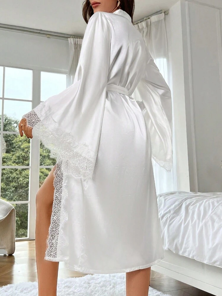 Contrast Lace Belted Satin Robe - White - View 2