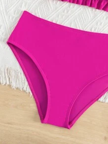 Tween Girl Ruched Bust Frill Trim Bikini Set Summer Beach - Hot Pink - View 4