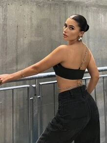 SHEIN ICON 鏈條細節鏤空單肩短款上衣 - 黑色 - 查看 5