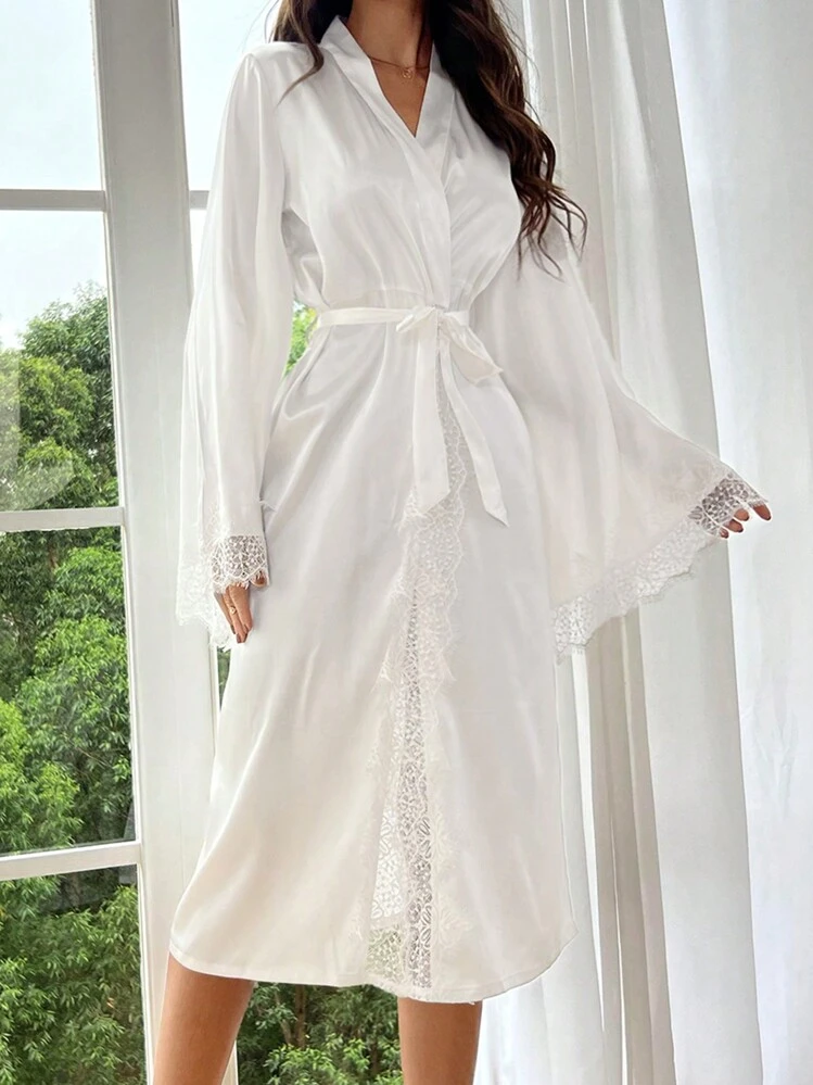 Contrast Lace Belted Satin Robe - White - View 4