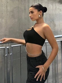 SHEIN ICON 鏈條細節鏤空單肩短款上衣 - 黑色 - 查看 3