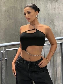 SHEIN ICON 鏈條細節鏤空單肩短款上衣 - 黑色 - 查看 9