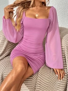 SHEIN Tall 方領燈籠袖褶邊緊身連衣裙 - 紫丁香色 - 查看 1
