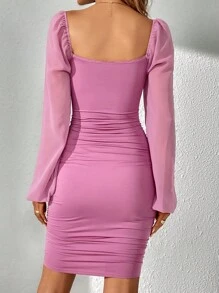 SHEIN Tall 方領燈籠袖褶邊緊身連衣裙 - 紫丁香色 - 查看 2