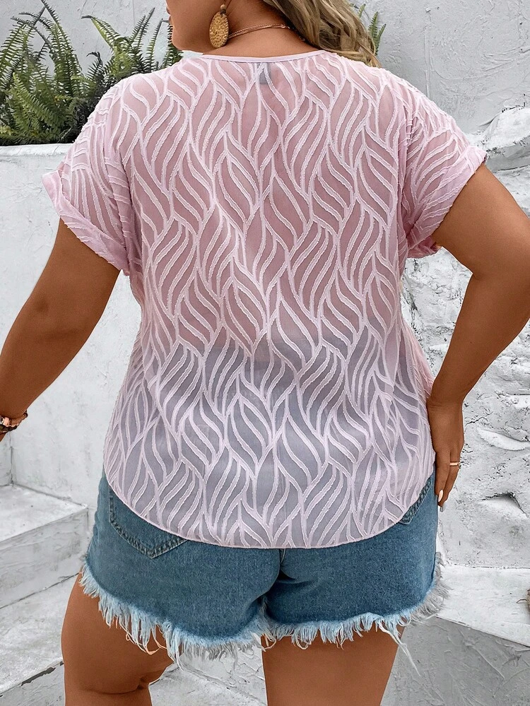 Plus Allover Print Contrast Lace Batwing Sleeve Blouse