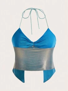 SHEIN ICON Heart Ring Detail Split Hem Tie Backless Halter Top - Silver - View 2