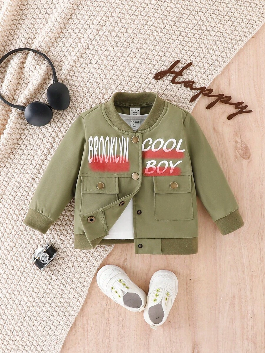 Đứa bé gái Đồ họa Chữ cái Túi có nắp Áo khoác bomber Without Tee - xanh quân đội - Xem 1