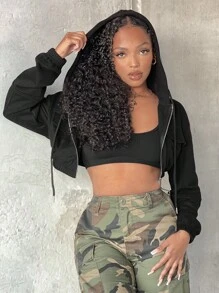 SHEIN SXY Capucha de hombros caídos con cremallera crop con cordón - Negro - Ver 2