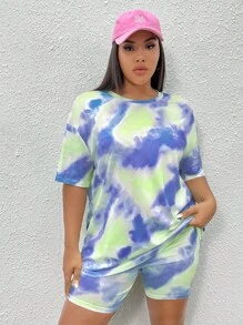 SHEIN EZwear Hơn Nhuộm buộc Áo thun Thả vai & Quần short đi xe - Màu xanh lam - Xem 1