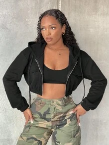 SHEIN SXY Capucha de hombros caídos con cremallera crop con cordón - Negro - Ver 4