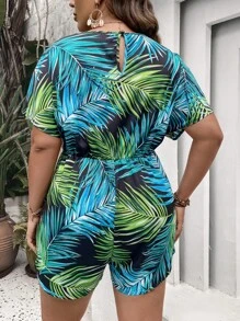 SHEIN Holidaya 大碼熱帶圖案蝙蝠袖連身短褲 - 藍色 - 查看 2