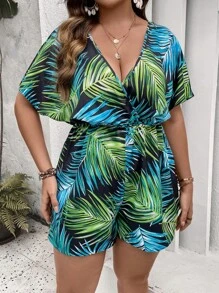 SHEIN Holidaya 大碼熱帶圖案蝙蝠袖連身短褲 - 藍色 - 查看 3