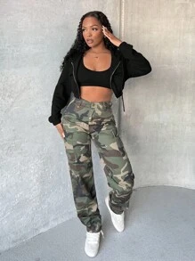 SHEIN SXY Capucha de hombros caídos con cremallera crop con cordón - Negro - Ver 5