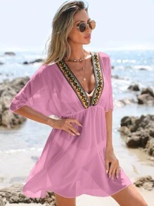 SHEIN Swim Vestido cover up con cinta en contraste de manga murciélago sin set bikini - Rosa - Ver 1