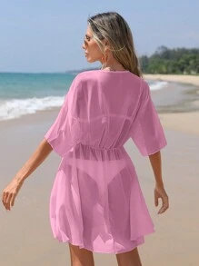 SHEIN Swim Vestido cover up con cinta en contraste de manga murciélago sin set bikini - Rosa - Ver 2