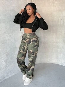 SHEIN SXY Capucha de hombros caídos con cremallera crop con cordón - Negro - Ver 1