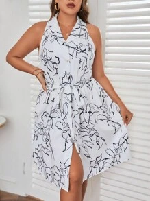 SHEIN Essnce Hơn In Toàn bộ Thắt lưng Váy sơ mi - trắng - Xem 3