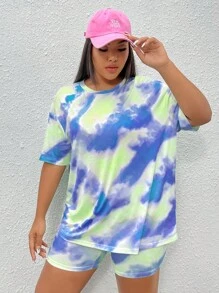 SHEIN EZwear Hơn Nhuộm buộc Áo thun Thả vai & Quần short đi xe - Màu xanh lam - Xem 3