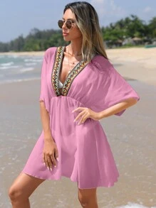 SHEIN Swim Vestido cover up con cinta en contraste de manga murciélago sin set bikini - Rosa - Ver 4