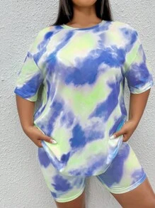 SHEIN EZwear Hơn Nhuộm buộc Áo thun Thả vai & Quần short đi xe - Màu xanh lam - Xem 4