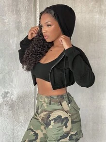 SHEIN SXY Capucha de hombros caídos con cremallera crop con cordón - Negro - Ver 7