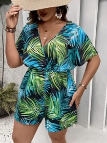 SHEIN Holidaya 大碼熱帶圖案蝙蝠袖連身短褲 - 藍色 - 查看 6